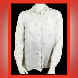 👛 2/$30 CORE Long Sleeved Linen Blouse White with Floral Accents NWT